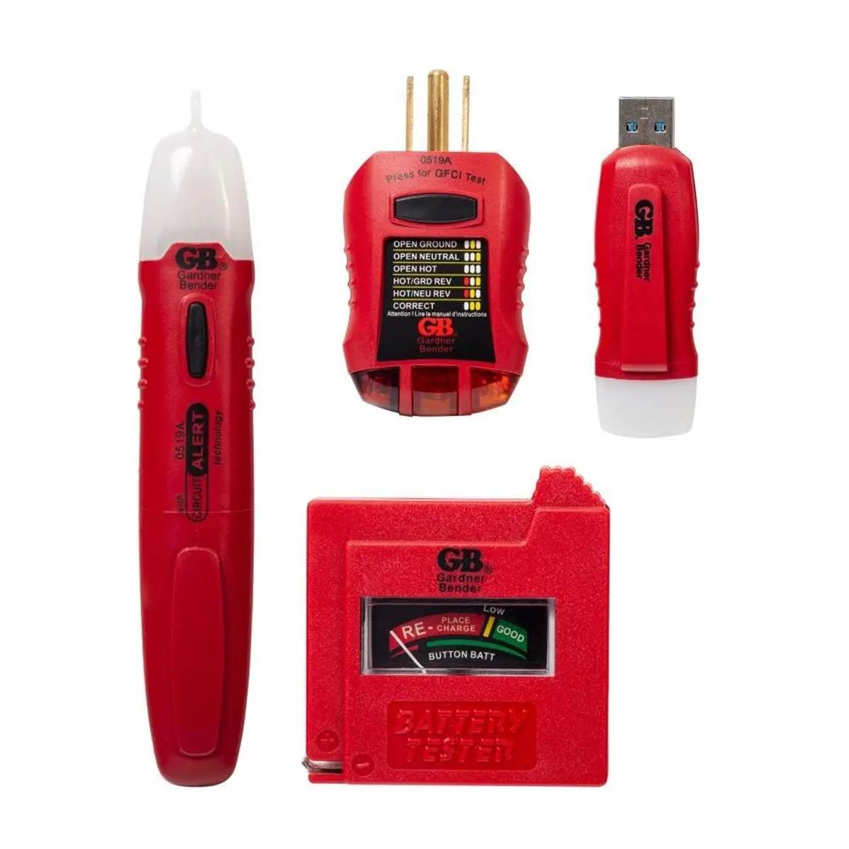 Gardner Bender GK-5 4-Piece Tool Kit, Red Household Electrical & Automotive Diagnostic Tool with 125V AC Voltage Tester, Battery Tester for Car Repair, DIY Projects, USB Ports, Ac Voltage 125V, 4 Pieces