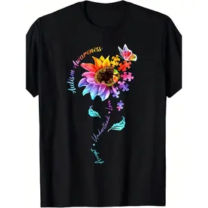 Men's Autism Awareness Sunflower & Puzzle Piece T-Shirt - Retro Casual Short Sleeve Tee with Autism Symbol Graphic, Comfortable Casual Attire for Supportive Casual Outfits