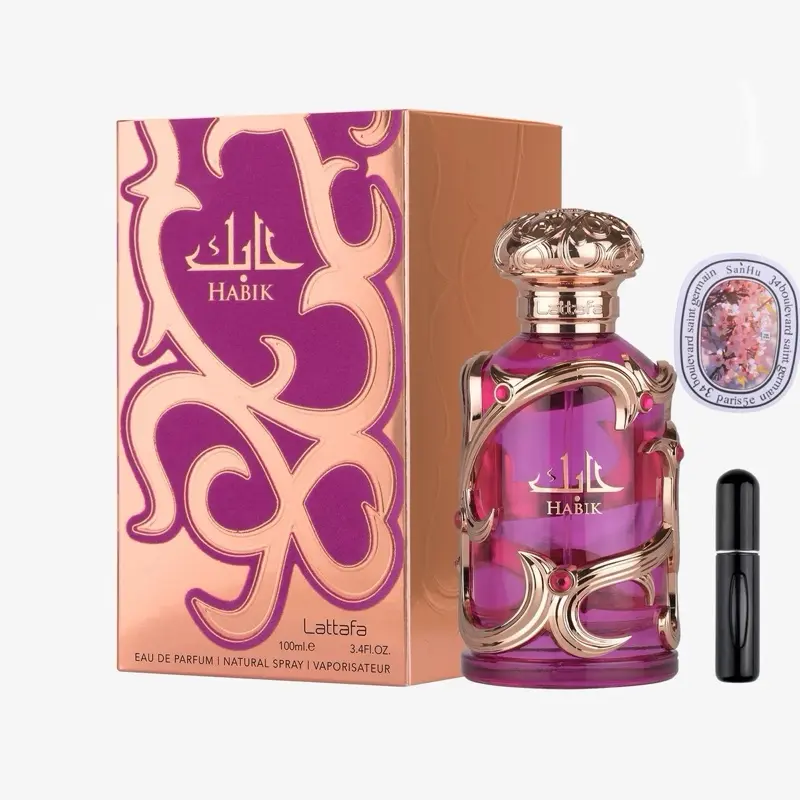 Lattafa Habik Vegan-Friendly Women's EDP Spray for Adults - Floral (Jasmine, Lily, Freesia, Lily of the Valley), Fruity, Fresh, Musky, Dry Amber Base, Daily Wear, Long-Lasting Garden Party Fragrance, 3.4 oz/100ml with 5ml Refillable Bottle & Scented Card