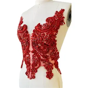 Handmade Rhinestones Lace Bodice Applique Sew on Beads Sequins Trimming Patches for Dress Clothing Accessories