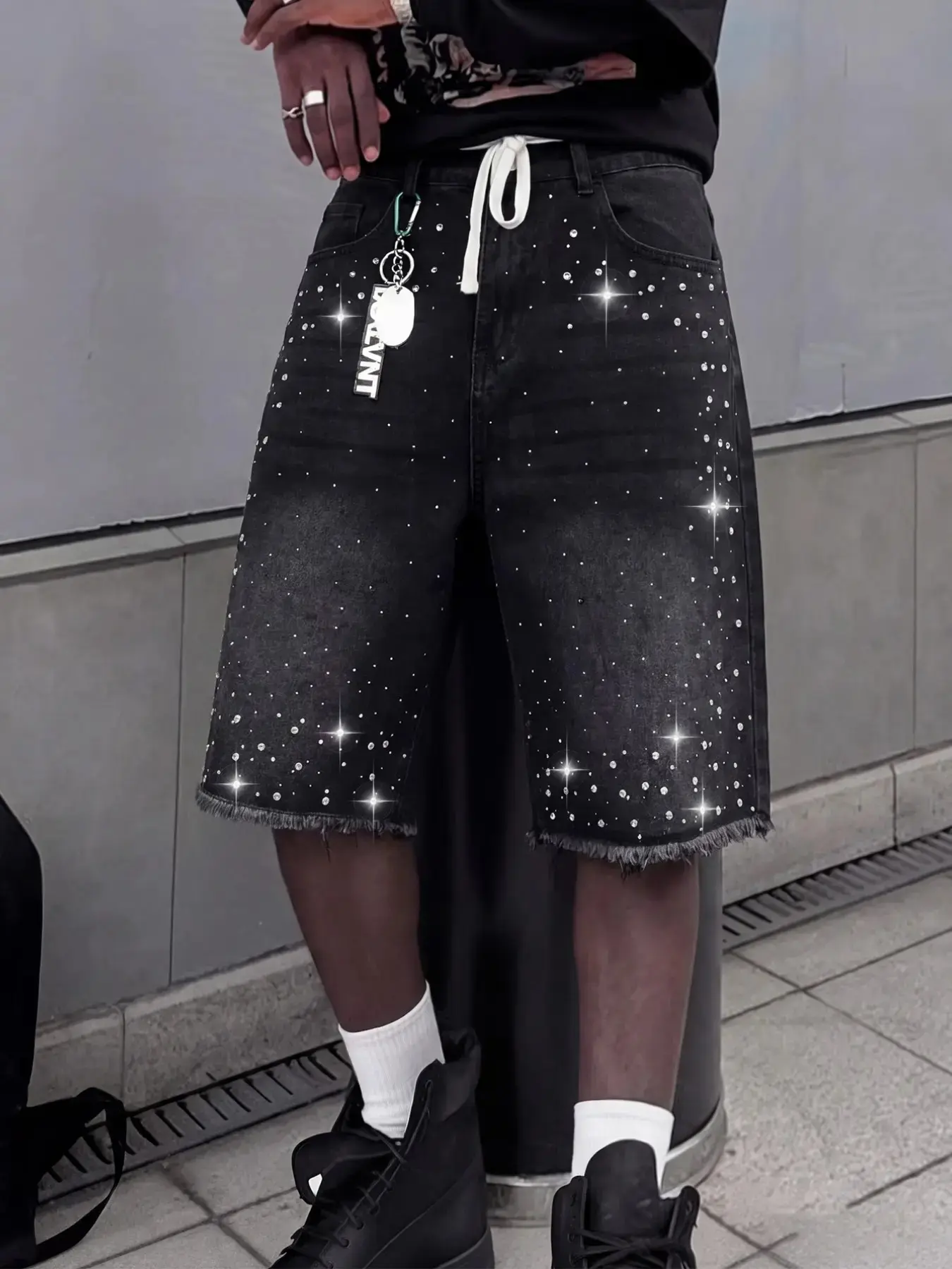 Men's Rhinestone Starry Jeans Shorts, Loose Fit, Frayed Washed, Sparkly Rhinestones, Drawstring, Y2K Retro Summer Bermuda Shorts