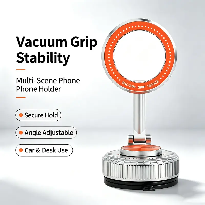 All-Metal Magnetic Car Phone Holder - N52 Strong Magnets, Vacuum Suction Cup, Adjustable Angle, Folding Design, Secure Grip, Easy Setup, Magnetic Mounts & Holders for Car Navigation, Desk Surfaces