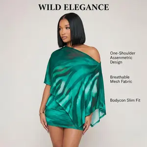 Wild Elegance 2026 Summer New Women's Clothing One-Shoulder Asymmetric Design Breathable Mesh Fabric Bodycon Slim Fit Claw Print Shawl Top Hip Skirt Two-Piece Set