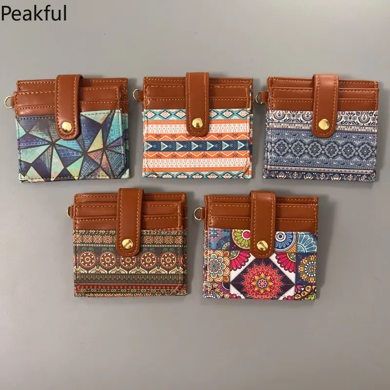 Vintage Tribal Pattern Mini Card Wallet, Viral Bohemian Fabric & Faux Leather ID Holder, Slim Pocket Purse with Snap Strap, lightweight & compact size, ideal for quick errands, festivals and pairing with boho outfits