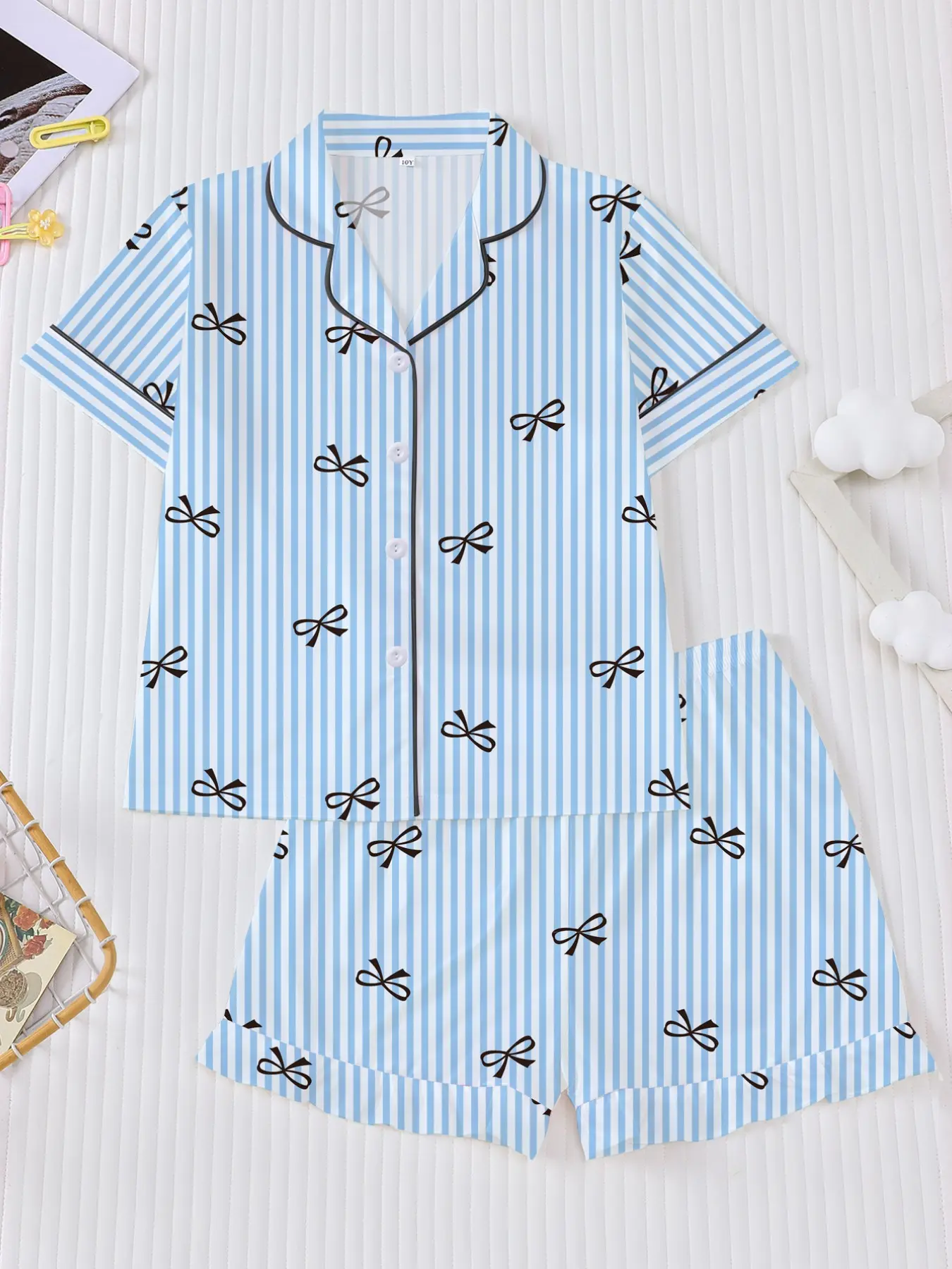 Girl's Bow Print Top & Elastic Waist Shorts Pajama Two-piece Set, Cute Comfy Short Sleeve Top & Shorts Pj Set, Kids Sleepwear for All Seasons, Casual Comfy Pyjama, Collared Pajama Set