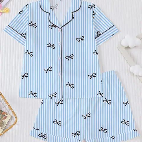 Girl's Bow Print Top & Elastic Waist Shorts Pajama Two-piece Set, Cute Comfy Short Sleeve Top & Shorts Pj Set, Kids Sleepwear for All Seasons, Casual Comfy Pyjama, Collared Pajama Set, Pajama Clothes, Pajama Outfit