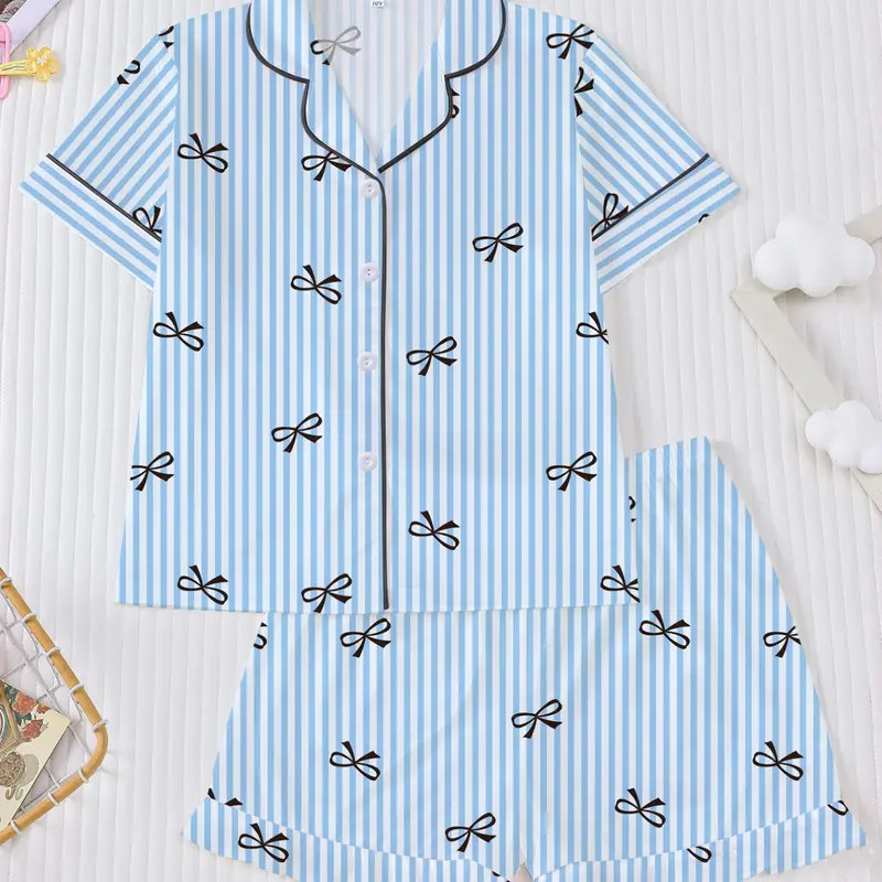 Girl's Bow Print Top & Elastic Waist Shorts Pajama Two-piece Set, Cute Comfy Short Sleeve Top & Shorts Pj Set, Kids Sleepwear for All Seasons, Casual Comfy Pyjama, Collared Pajama Set, Pajama Clothes, Pajama Outfit