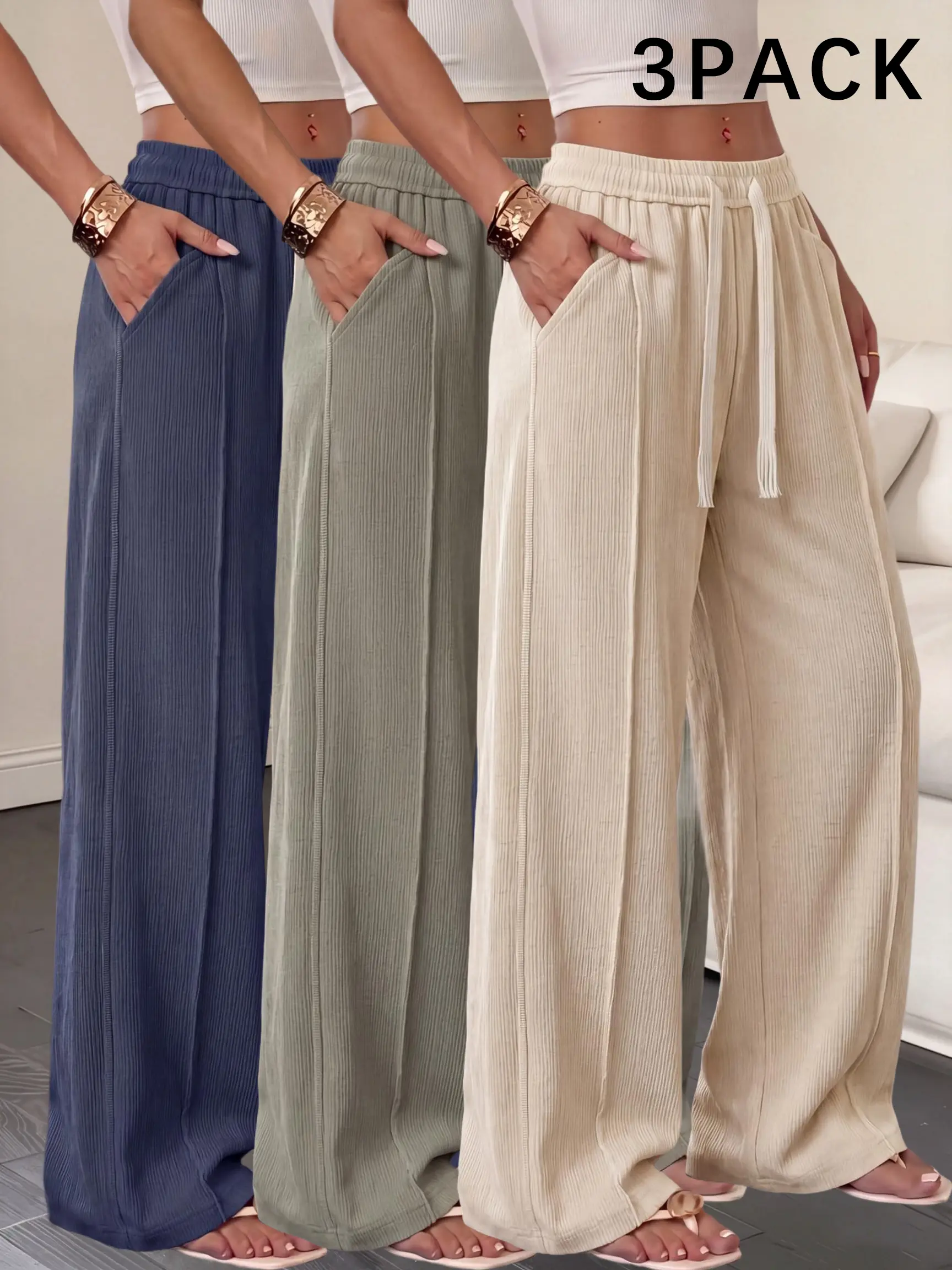 3-Pack Vertical Texture Drapey Wide-Leg Pants for Women — Elastic Drawstring High Waist, Relaxed Fit, Slimming Floor-Length Design