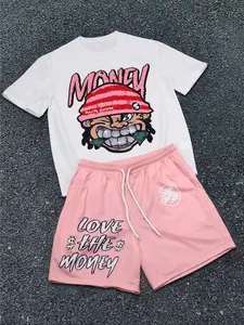 Two-Piece Set Men's Cartoon Face Print Short Sleeve Tee & Boxer Briefs Set, Regular Fit Casual Round Neck T-shirt & Shorts, Men's Summer Clothes, Casual Outfit Set, Casual Fashion Set
