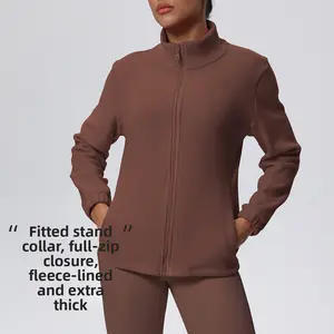 New solid color fleece-lined pocket stand-up collar zip-up casual sports jacket for running, fitness, and yoga for women