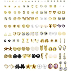 SANFENLY Women's 72-Pair Assorted Stud Earrings Set - Silver-Tone Skin-Safe Costume Jewelry with Cute Shapes (Ball, Triangle, CZ, Heart Shaped Earrings) - Ideal for Beachwear, Studs Earrings