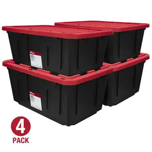 Hyper Tough 27 Gallon Stackable Snap Lid Plastic Storage Bin Container, Black with Red Lid, Set of 4
