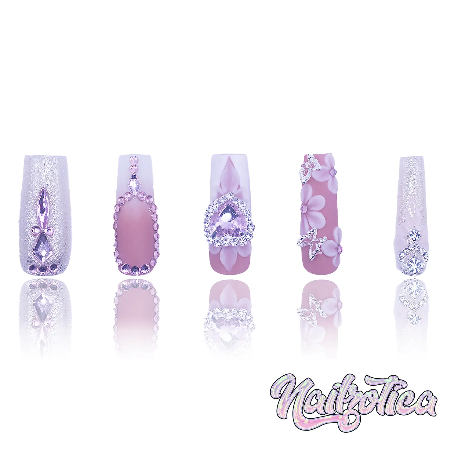 Pink Peonies - Medium Length Square Shape French Tip White Glitter Pink Rhinestone 3D Flower Heart Gem Charm Nude Base Reusable Acrylic Gel UV Hand-Painted High Quality Handmade Luxury 3D Art Press On Nails