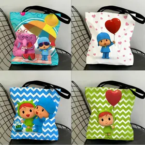 Cartoon Cute P-Pocoyo Storage Bags Canvas Double-Sided Print Black and White Tote Bag Large Capacity Shoulder Students Festive Fashion Eco Outdoor Picnic Travel High Quality Shopping Handbag Machine Washable