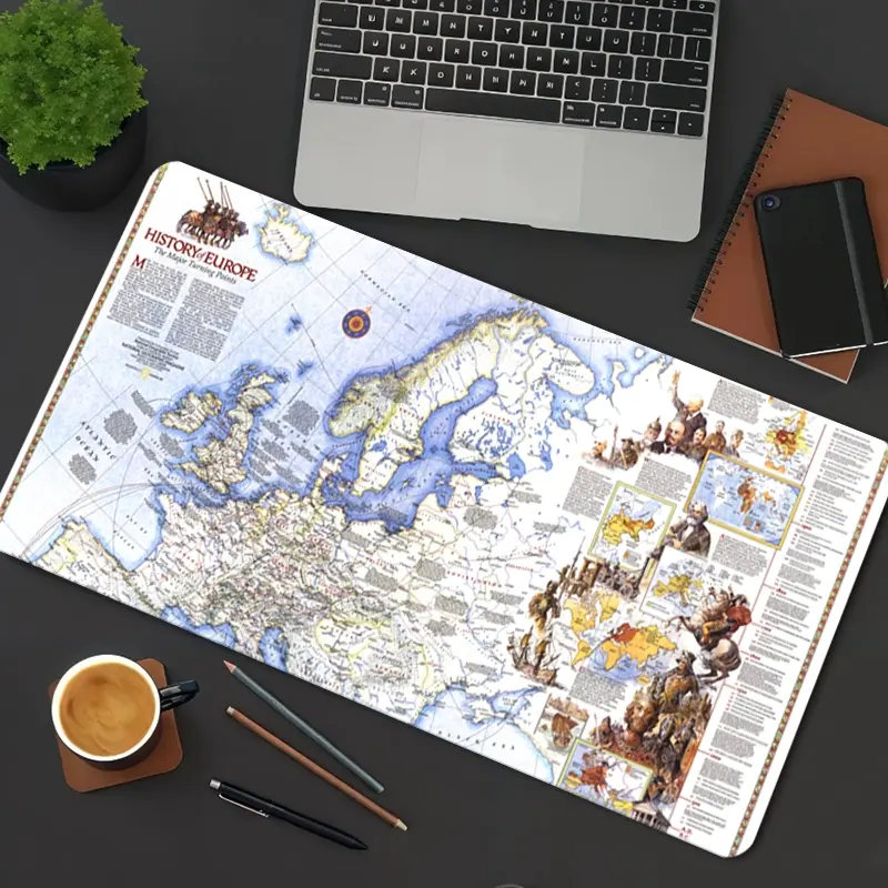 Europe Map Pattern Mouse Pad History Cartography Gaming Mouse Pads Blue Vintage Large Mousepad Rubber Stitched Edges Keyboard Pad XXL Desk Accessories Desk Decor For Office Ideal Gift for Men Women