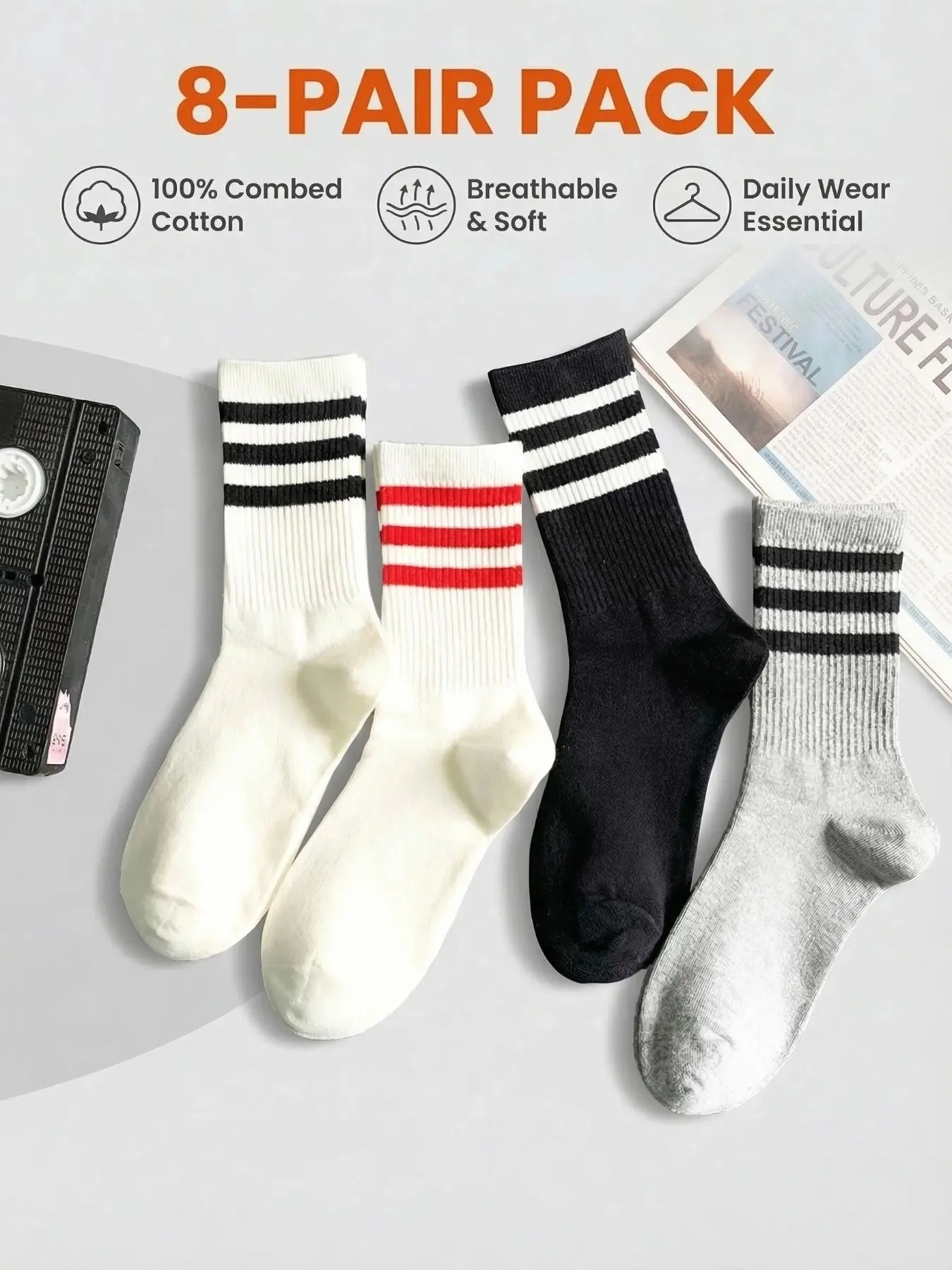 8 Pairs Women's Mid-Calf Socks with Horizontal Stripes, Comfortable, Fashionable and Fit, Ideal for Students and Everyday Wear, All-Season Socks