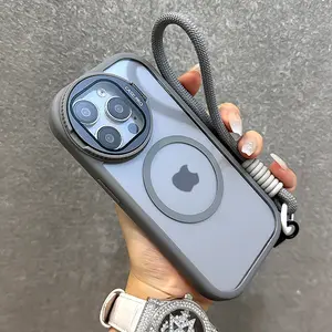 Folding glass lens holder protective cover magnetic transparent shockproof phone case+wrist strap suitable for Apple/iPhone17/16/15/14/13/12/11Pro Max Plus supports wireless charging, acrylic anti fall male protective case, holiday gift