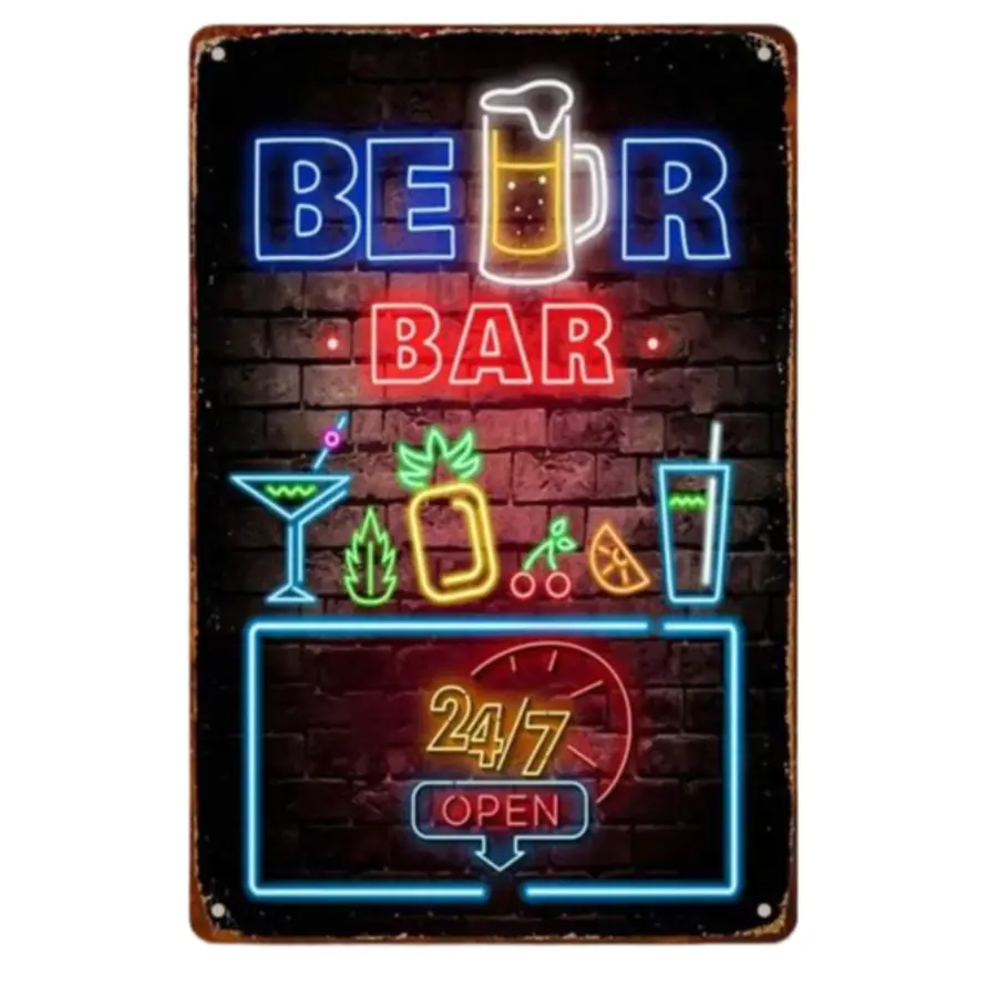 BEER BAR Neon Sign Wall Decor| Retro 24/7 Pub Light with Cocktail Glass & Pineapple, Weatherproof Outdoor Bar Sign for Tavern & Man Cave​ Vintage Tools Bold Designs