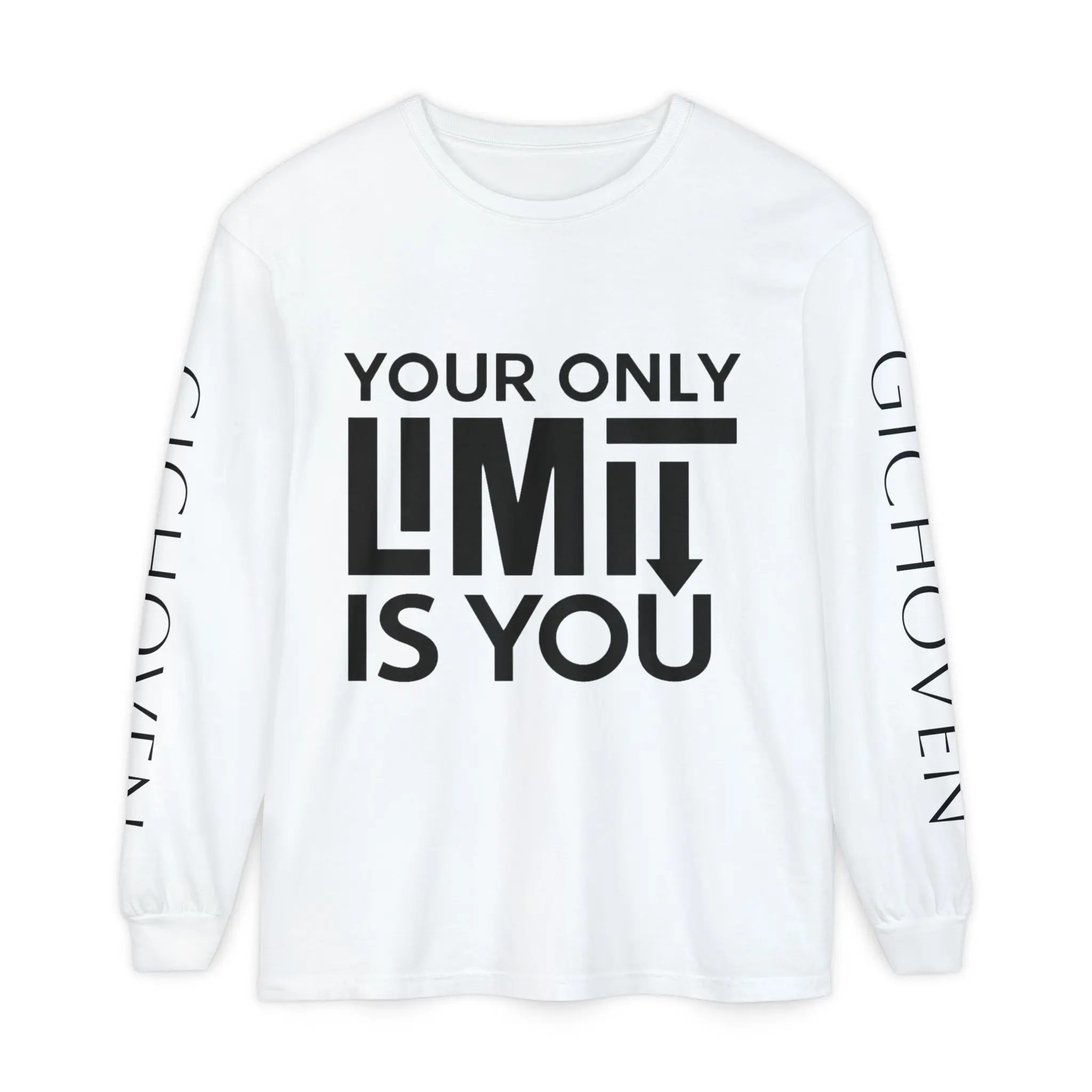 No Limit GICHOVEN Long-Sleeve Garment-Dyed Tee Your Only Limit Is You Bold Front Message Classic Fit Ribbed Cuffs 100% Ring-Spun Cotton