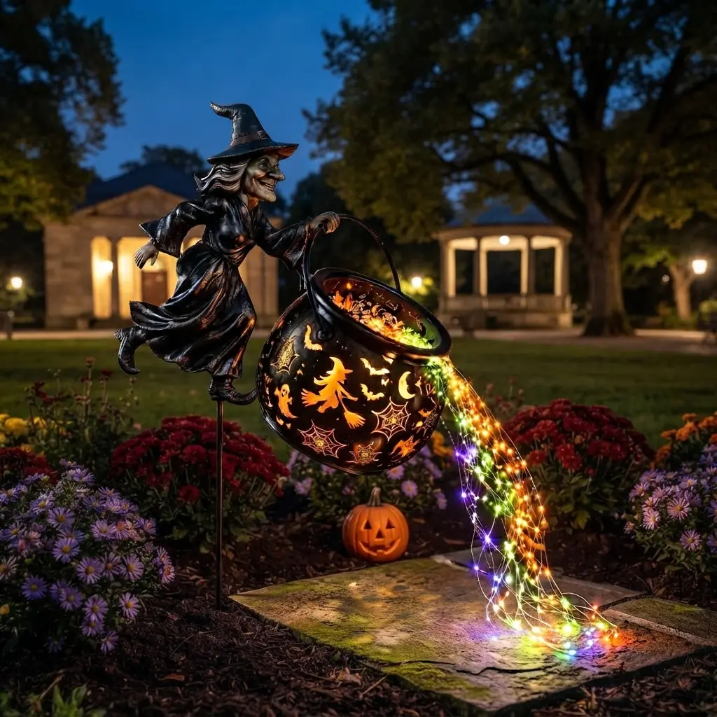 Halloween Flying Witch Cauldron Solar String Lights - Spooky Pouring Waterfall Fairy LED Yard Stake Art Decor, Waterproof Outdoor Landscape Lighting for Lawn, Garden, Pathway, Patio, Spooky Season Party Supplies