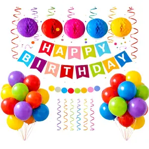 Rainbow Happy Birthday Decoration Kit for Kids & Adults – Colorful Party Banner, Balloons, Honeycomb Balls & Streamers