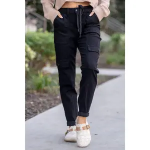 Judy Blue High Waist Cargo Style Cuffed Drawstring Denim Joggers in Black 88910  Stretchy Cotton Comfortable Women's Womenswear Jeans Bottom