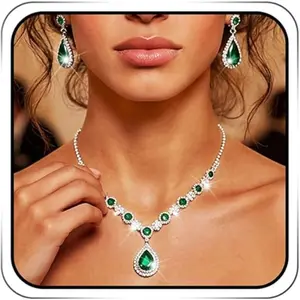 Rhinestone Jewelry Set Silver and Green Crystal Necklace Earrings Wedding Prom Jewelry Accessories for Women