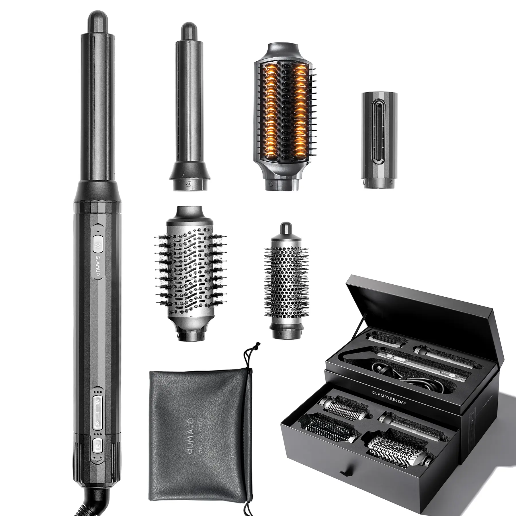 GlamUp FusionPro 6-in-1 Corded Power Hot Air Multistyler Kit - Auto-Wrap Curling Barrels, Straightening Brush, Plastic Body, All Hair Types, Matte Black, Multistyler Styler, Curling Iron Set, Hair Tools, Plug Powered