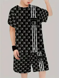 Boys' Summer Cb Full Print Set, Striped Letter Design, Short Sleeve Shorts Two-Piece Set, Casual Loose Fit, All Seasons