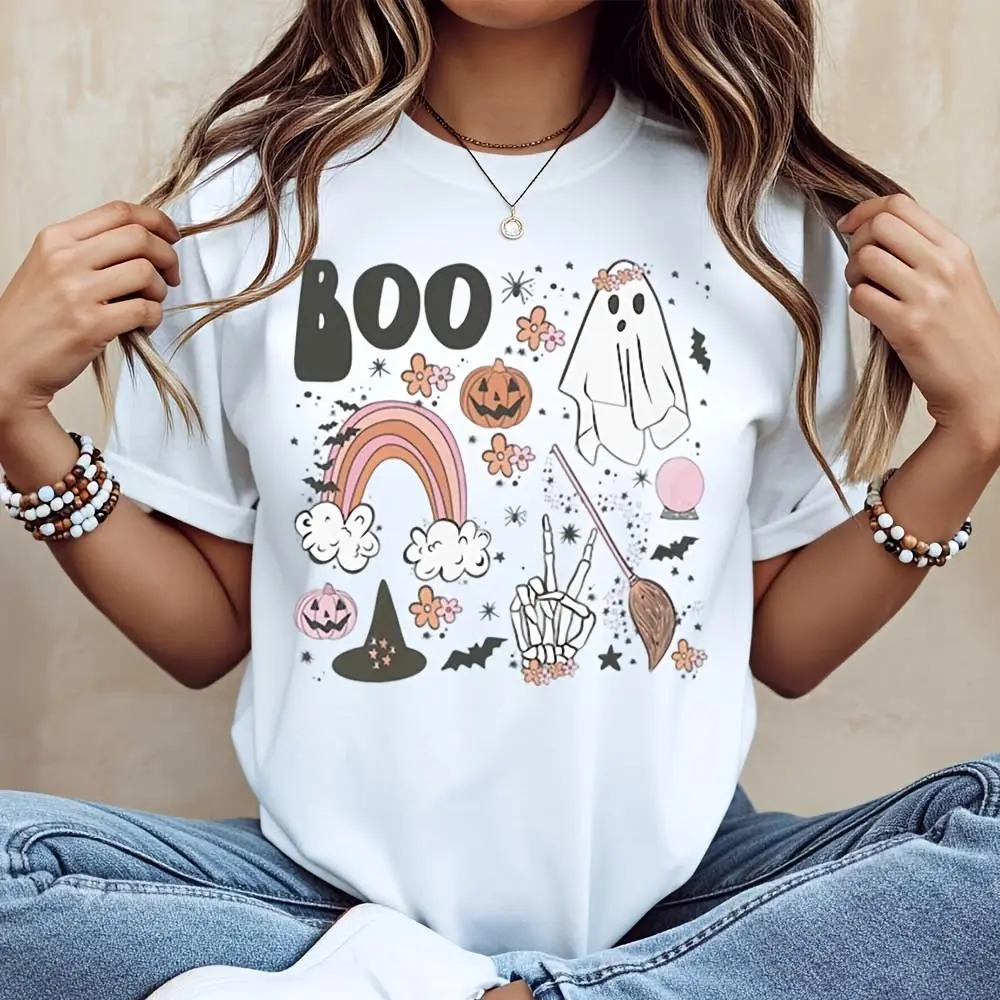 Boo Ghost Rainbow Pumpkin Print T-Shirt, Halloween Holiday Casual Top, Party Costume Wear
