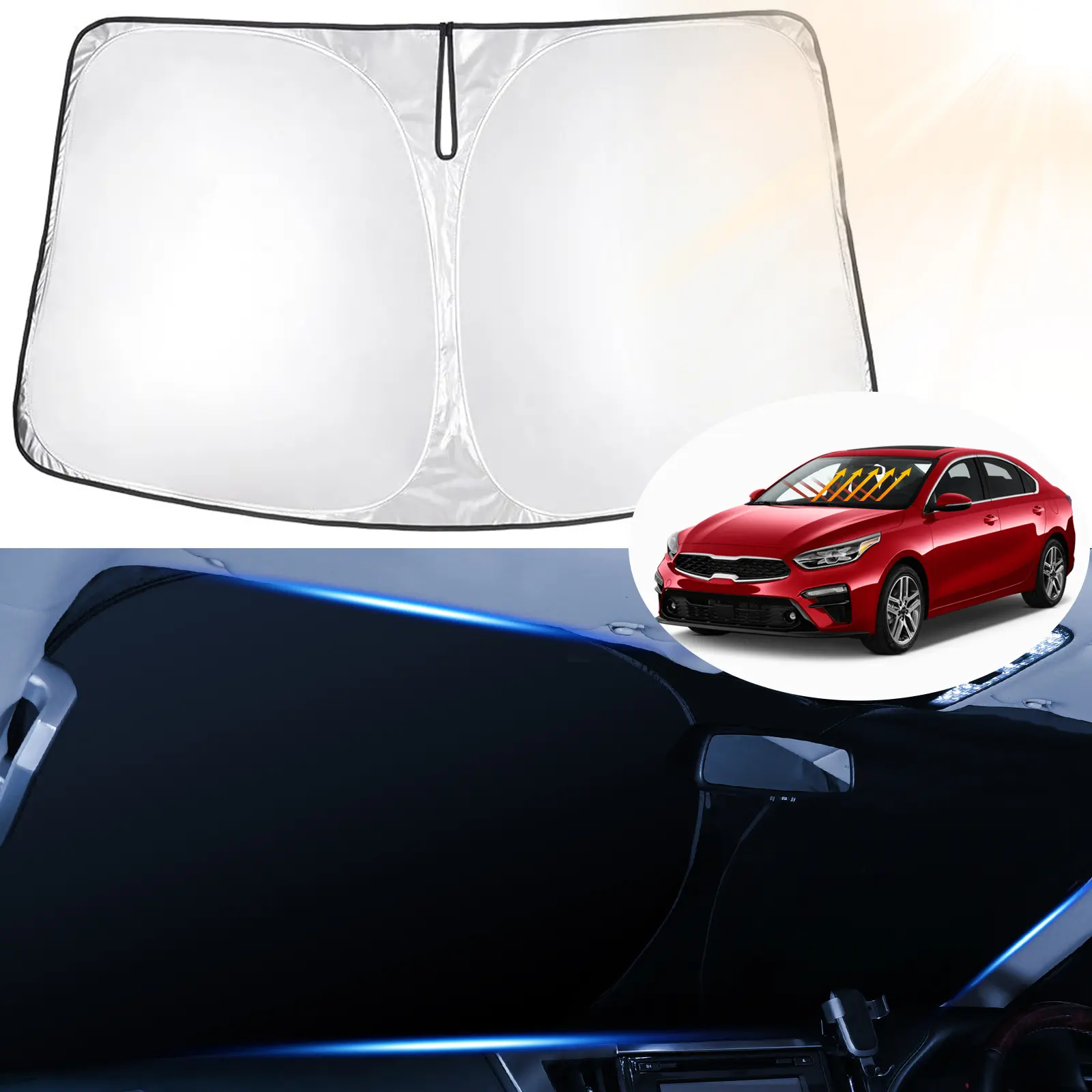 Canvcle Durable UV-Blocking Front Window Sun Shade for Kia Forte 2019-2024, Foldable Sun Visor Protector, 240T Reflective Fabric, Blocks 99% UV Rays, Keeps Car Cooler, Custom Fit, Easy Installation, Durable Sun Shade