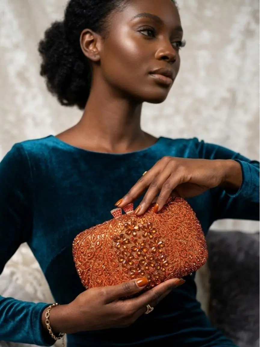 Luxury Crystal Beaded Clutch Purse – Orange & Gold Evening Handbag