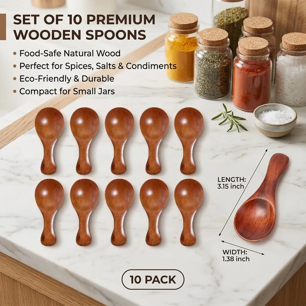10-Pack Natural Wood Mini Spoons, Eco-Friendly Short-Handle Cutlery with Rounded Scoop - Lightweight, Ergonomic, Dishwasher Safe for Daily Use Spice Jars, Coffee Prep