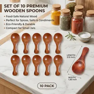 10 Pack Mini Wooden Spoons for Spices, Salt & Sugar, Small Wooden Scoop Set for Jars, Natural Wood Condiment Spoon for Honey, Coffee, Tea, Jam, Short Handle Eco-Friendly Kitchen Utensils for Spice Containers and Seasoning Storage