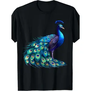 Vintage Style Blue Peacock Green Feather Print Men's T-Shirt - 100% Cotton, Short Sleeve, Round Neck - Suitable for Casual Outings and Training, Peacock Feather Pattern Fun Shirts Casual Short-Sleeve Graphic Tees Classic Cotton Tee Men's T-Shirts