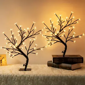 PEIDUO Set of 2 Lighted Cherry Blossom Tree, Light up Bonsai Tree for Christmas Decorations, Warm White Lights Plug in Adapter, Tabletop Night Light Artificial Tree for Indoor Bedroom Living Room