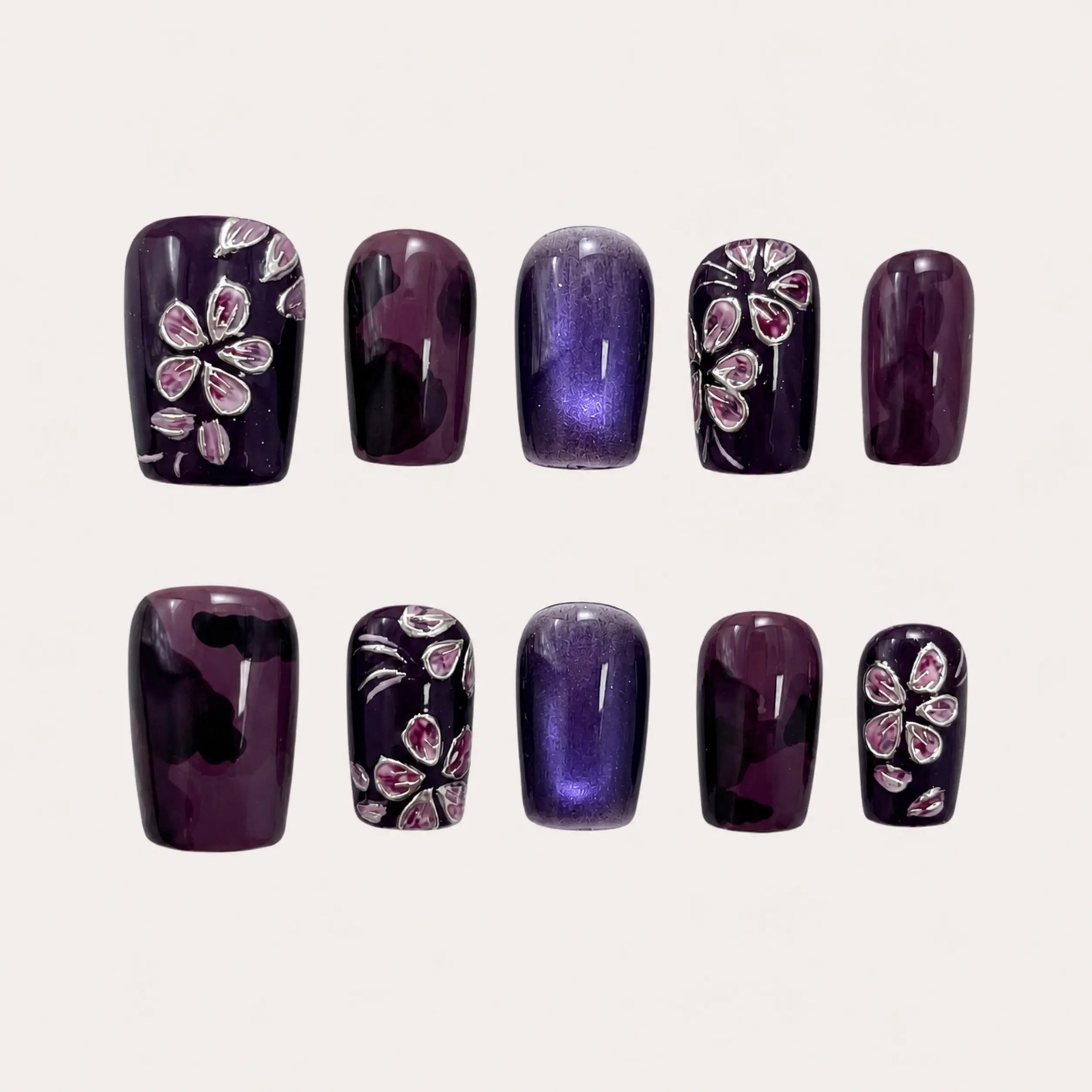 Moonovate | NIGHT BLOOM 10pcs Handmade Press On Nails Short Square  Reusable 3D Gel Fake Nails