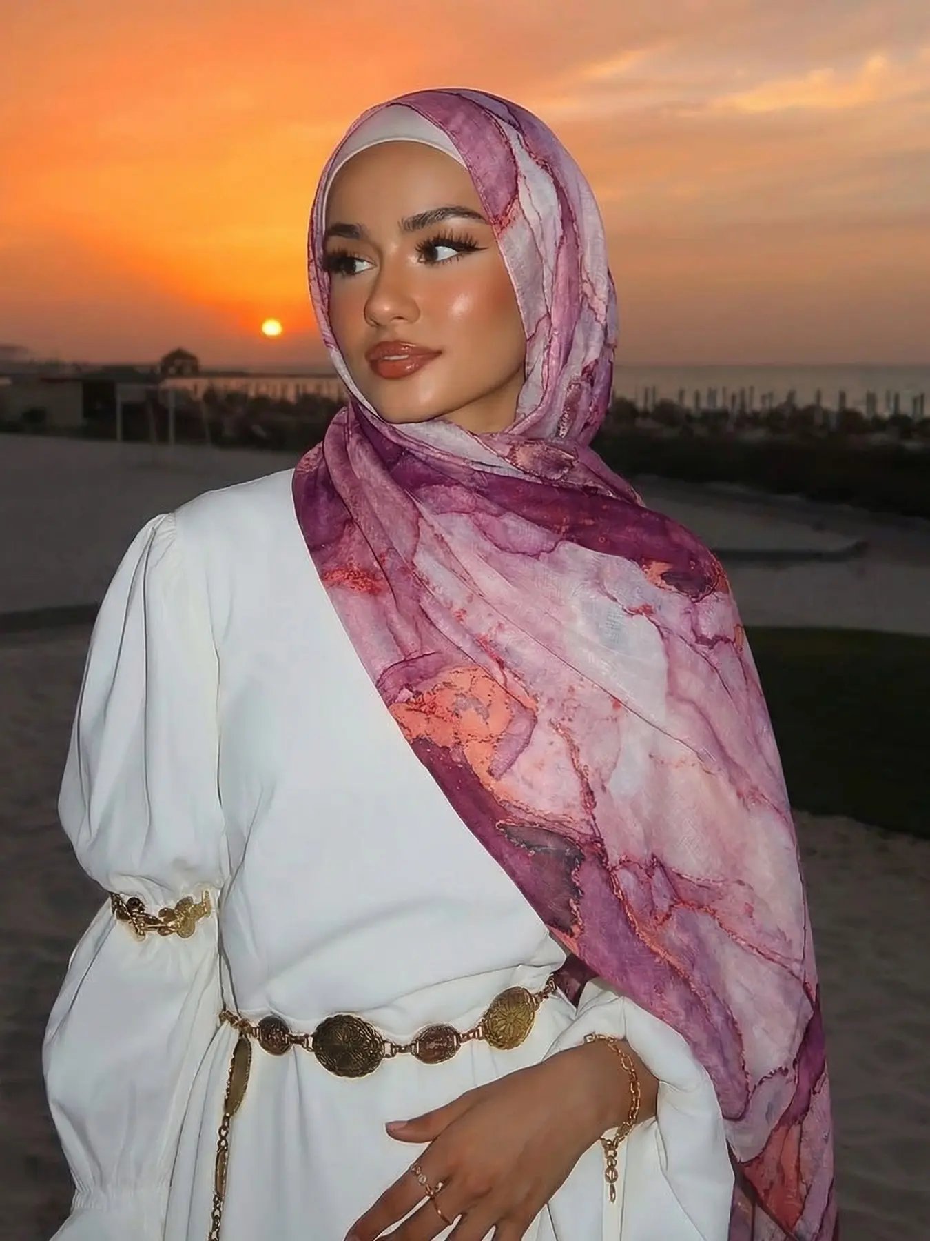 Bohemian Ink Wash Print Polyester Shawl and Scarf 80x180cm Women's Summer Beach Sun Protection Casual Elegant Soft Hijab for Muslim Headscarf