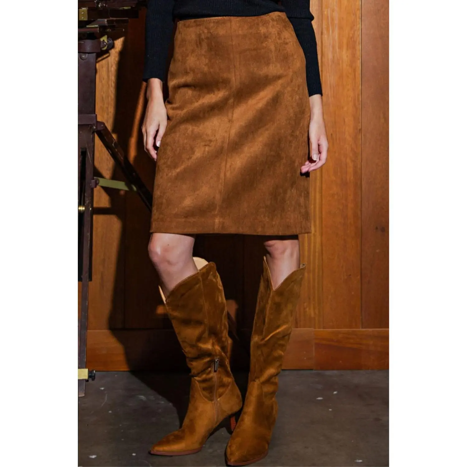 Stretch Suede High Waist Pencil Midi Skirt