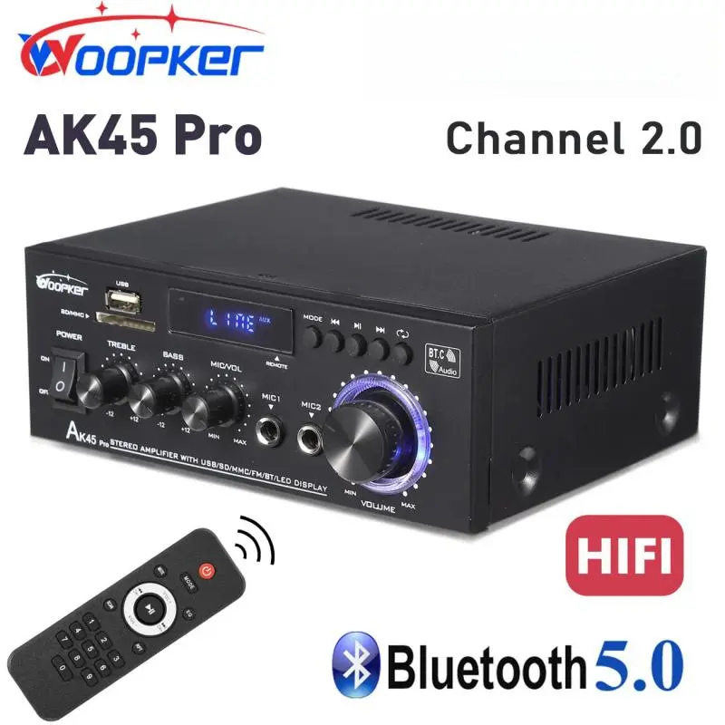 Woopker AK45 Pro Stereo Receiver Amplifier, Home Audio Bluetooth 5.3 400W Power 2.0 Channel Power Stereo Amplifier, USB, SD Card, RCA, FM Radio, 2 MIC Inputs, Remote Control, for Home Theater Speakers