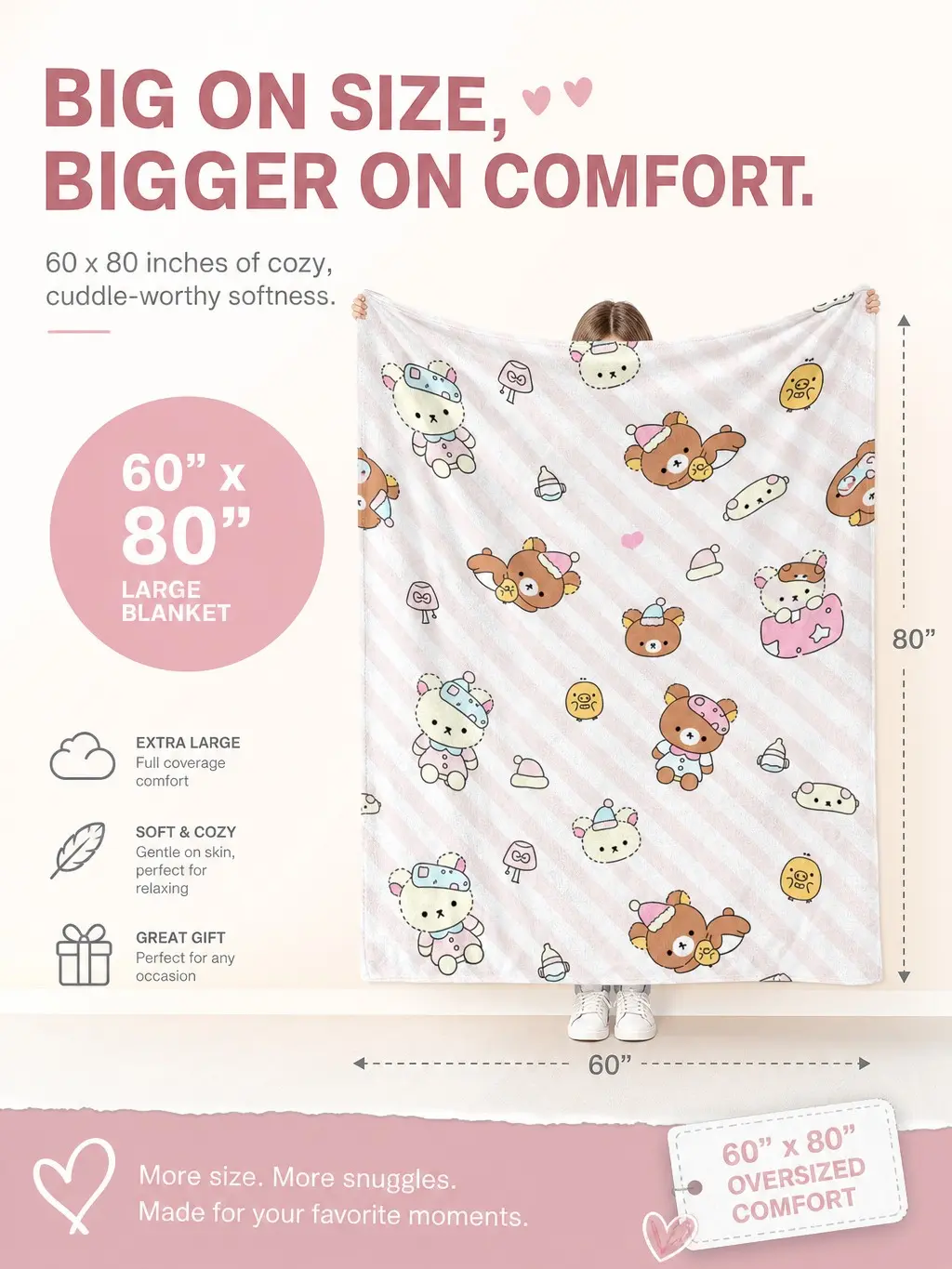 60"x80" Cute Cartoon Bear Flannel Throw Blanket - Super Soft Fluffy, Sweet Sleepy Bear Print - for Couch, Bed - Decorative Bedding Linen, Teen Gift Idea, Cozy Snuggle Essential