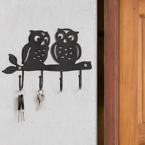 Decorative Owl Design Black Metal 4 Key Hook Rack