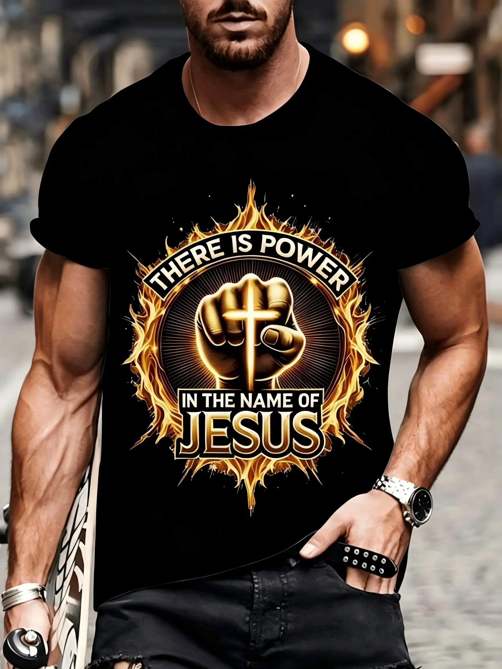Short-sleeved round-neck top, men's 3D printed T-shirt, featuring the design "The name of Jesus contains power," breathable and comfortable, made of cotton material, suitable for urban street wear, durable and with a striking design