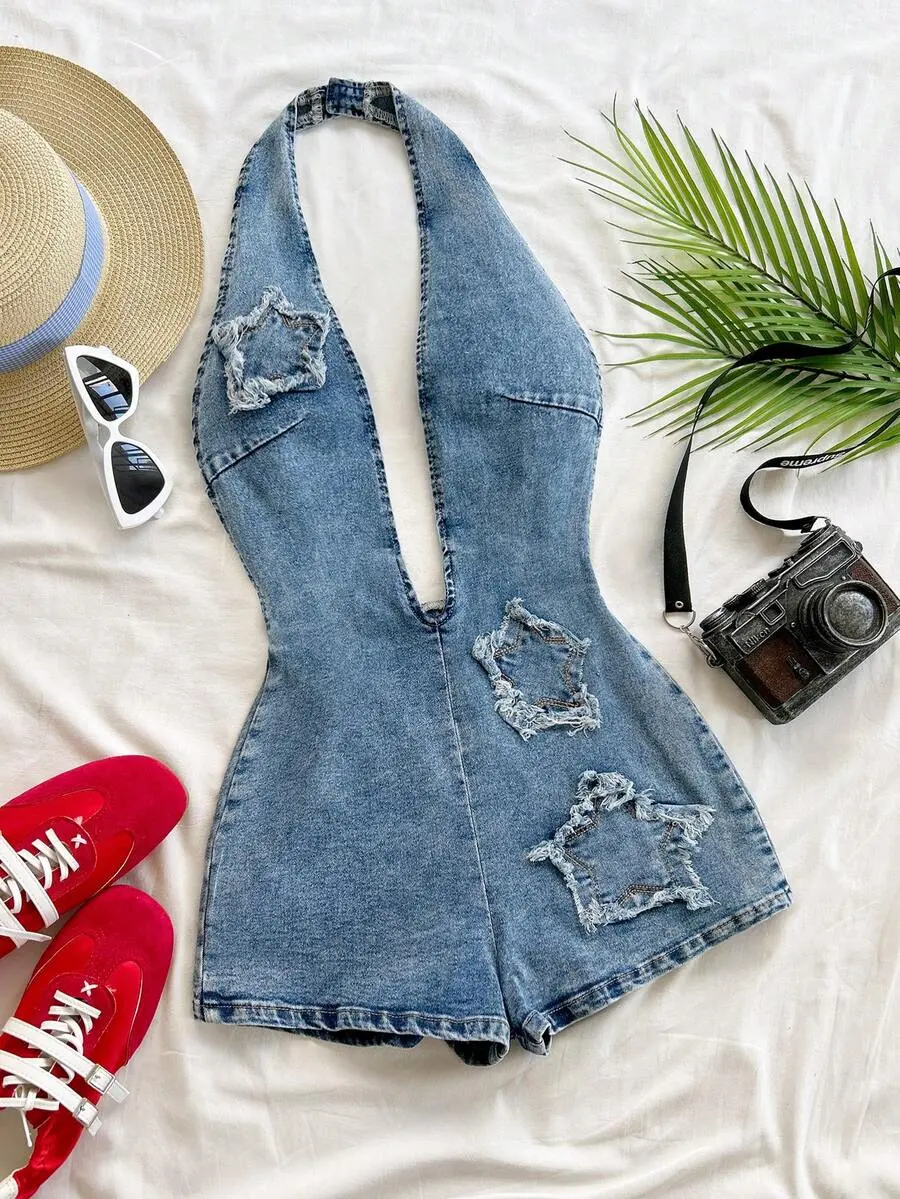 AESS Women's Blue Summer Denim Jumpsuit, Deep V Backless Halter Star Design,Elegant Bohemian Tropical Style For Vacation,Holiday,Beach & Music Festival