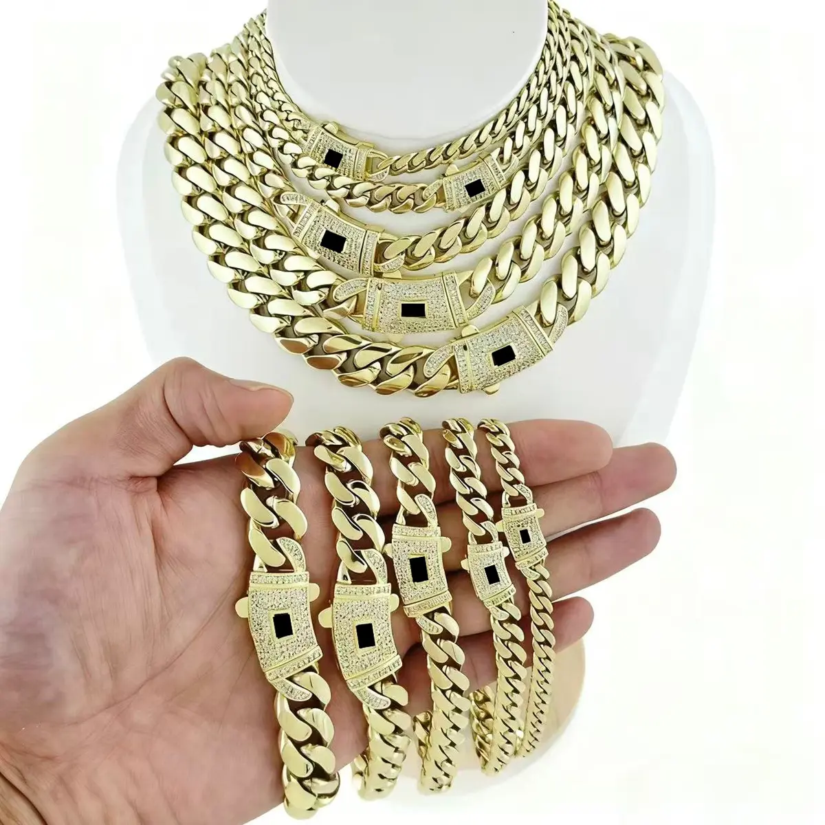2026 New Style 6-14MM Monaco Miami Cuban Link Chain 14K Gold Plated Black S Clasp Necklace Bracelet Set for Men Women Stainless Steel Durability Hip Hop Flair Daily Wear Gifts