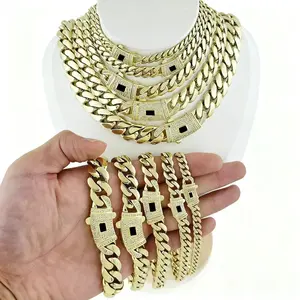 2026 New Style 6-14MM Monaco Miami Cuban Link Chain 14K Gold Plated Black S Clasp Necklace Bracelet Set for Men Women Stainless Steel Durability Hip Hop Flair Daily Wear Gifts