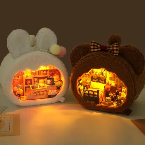 Cartoon Bear & Bunny Design DIY Miniature House Kit, 1 Box 3D Puzzle Toy, DIY Handmade Miniature House Kit with Furniture, Assembly Model House, Perfect Gift for Teens & Adults