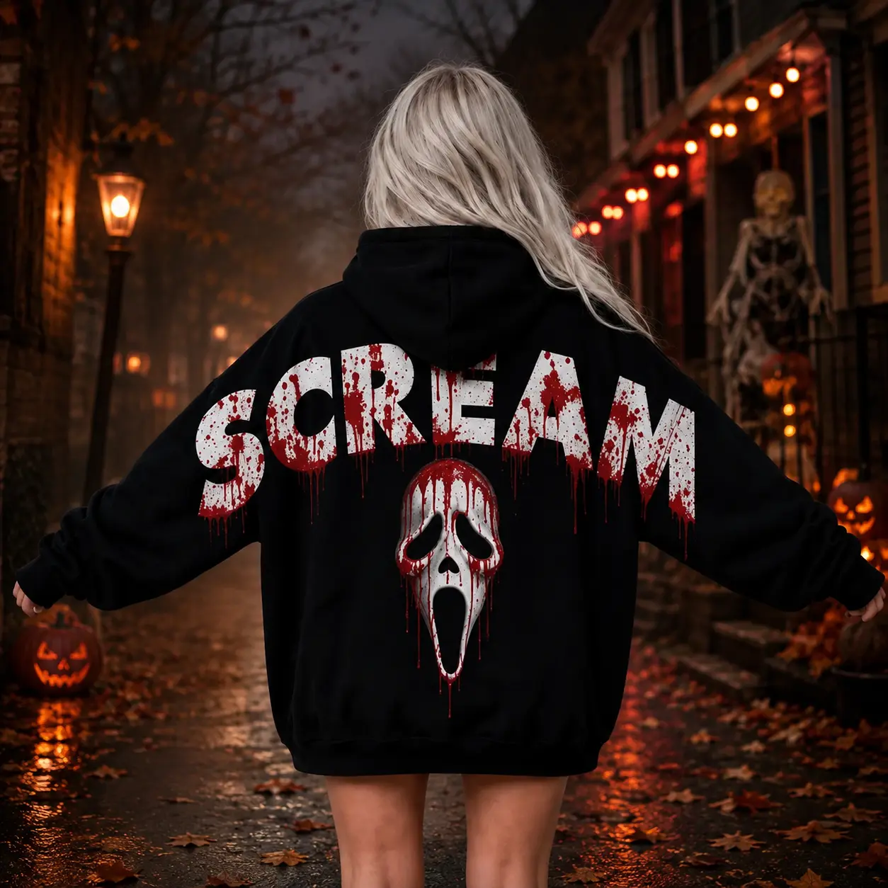 Men's Unisex Scream Ghostface Hoodie - Bloody Horror Movie Back Graphic Pullover, Vintage Slasher Halloween Spooky Season Oversized Streetwear with Black Mask, Menswear Tops Style Sweatshirts
