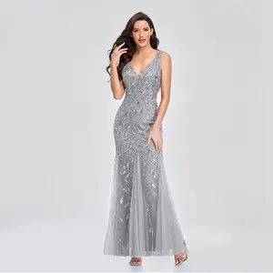 Elegant Women v-neck tulle embroidery sequins sexy mermaid prom dress women formal dresses comfort dress