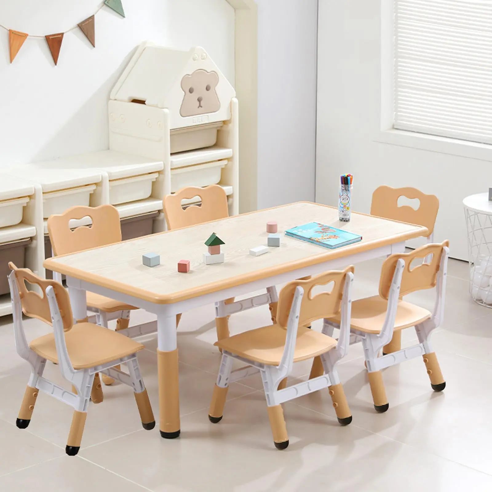Kids Table and Chairs Set-Height Adjustable 6-Seat Arts & Crafts Table for Ages 2-10, Non-Slip Legs, Max 300lbs - Multi-Activity for Home,Wood color study desk